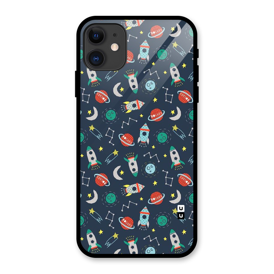 Space Rocket Pattern Glass Back Case for iPhone 11