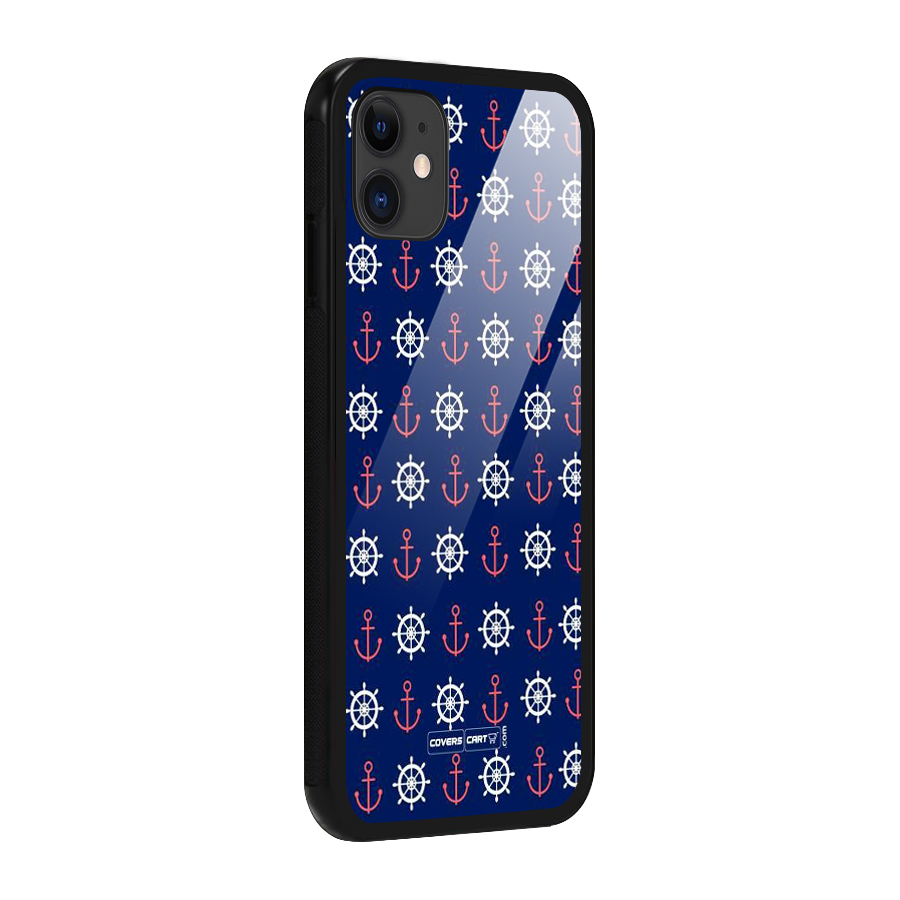 Anchor Pattern Blue Glass Back Case for iPhone 11