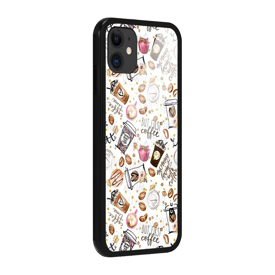 Coffee Pattern Glass Back Case for iPhone 11