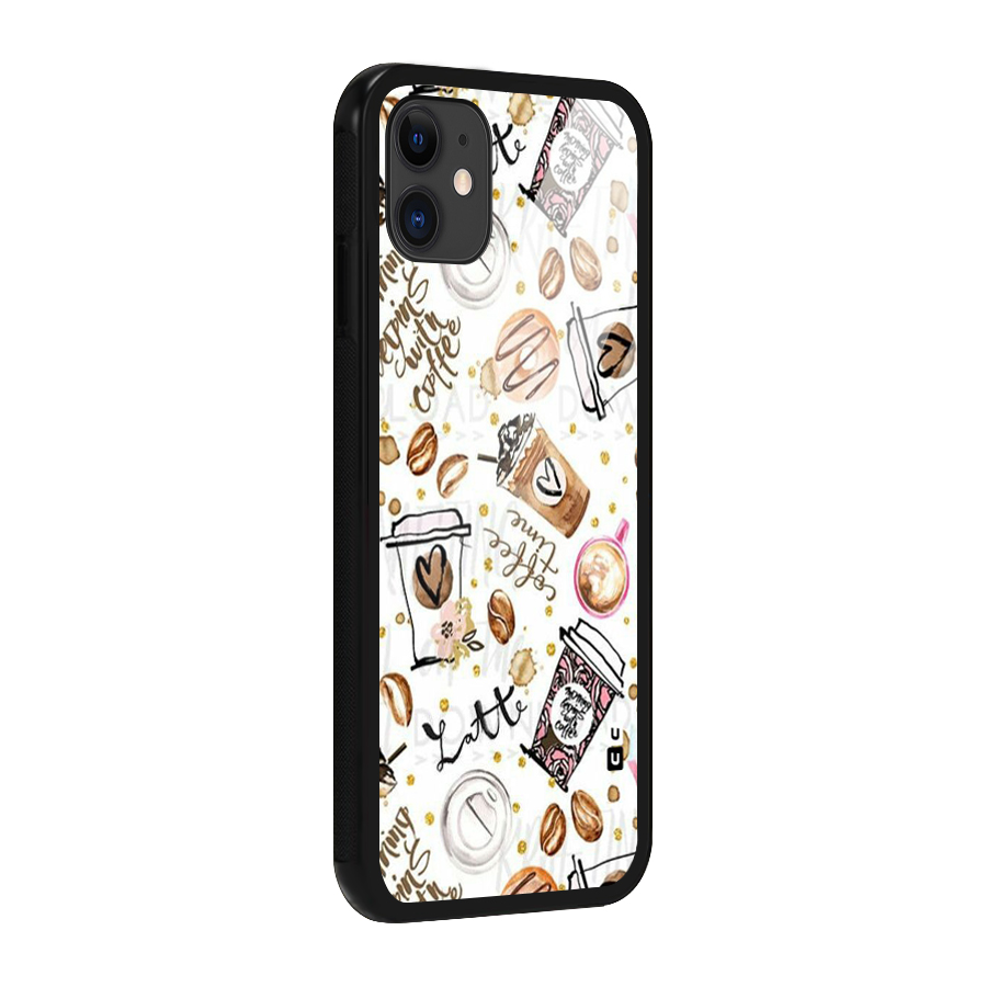 Cute Coffee Pattern Glass Back Case for iPhone 11