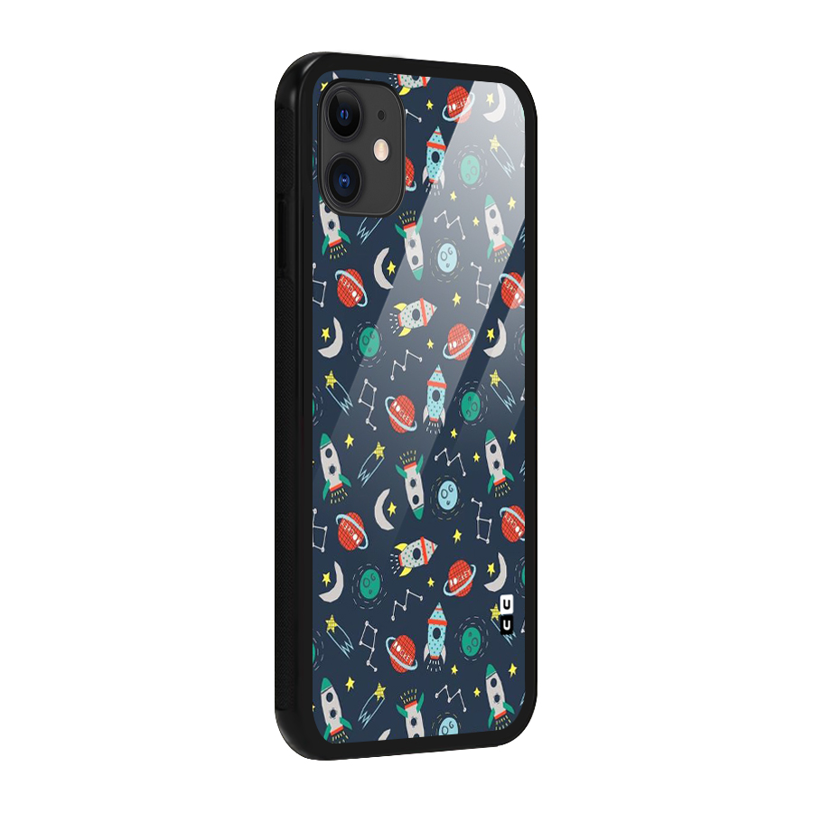 Space Rocket Pattern Glass Back Case for iPhone 11