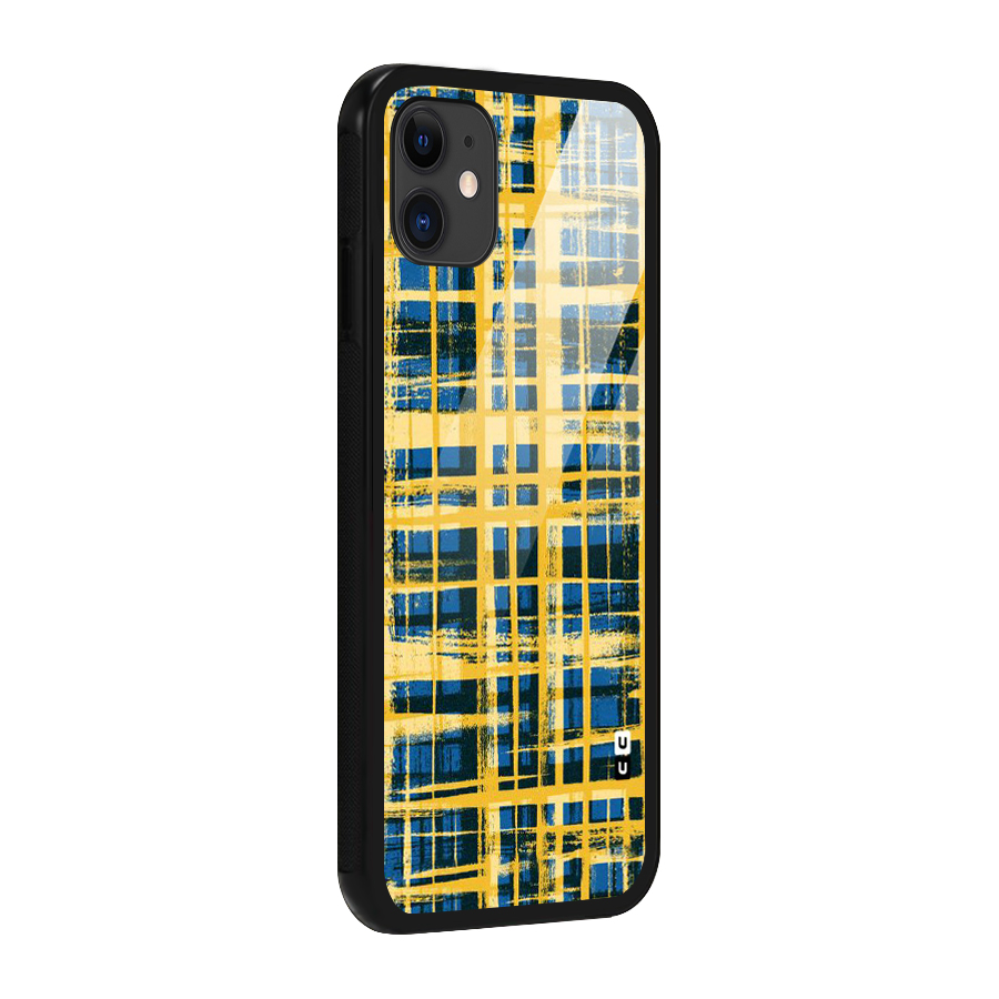 Yellow Rugged Check Design Glass Back Case for iPhone 11