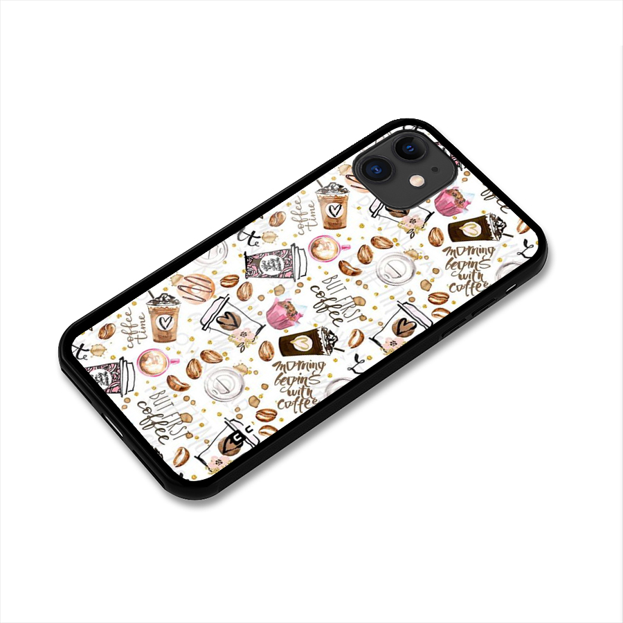 Coffee Pattern Glass Back Case for iPhone 11