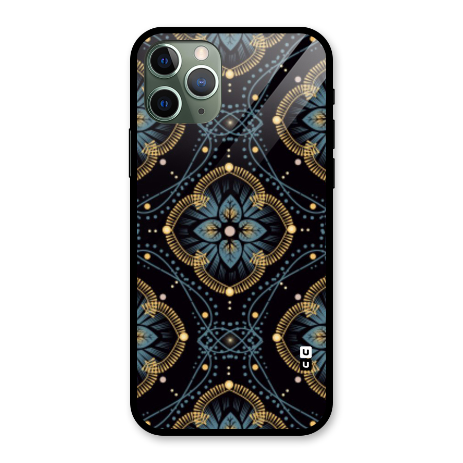 Blue With Black Flower Glass Back Case for iPhone 11 Pro
