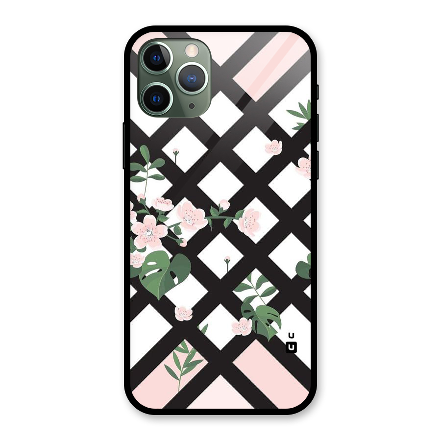 Check Floral Stripes Glass Back Case for iPhone 11 Pro