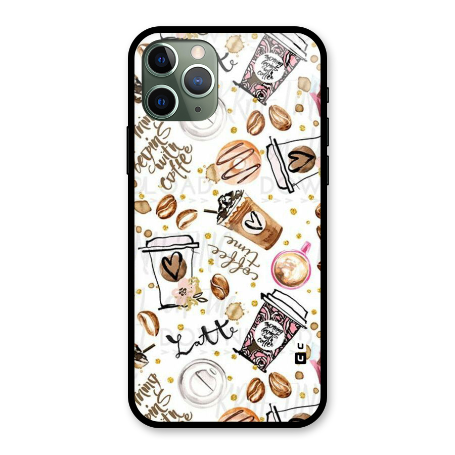 Cute Coffee Pattern Glass Back Case for iPhone 11 Pro
