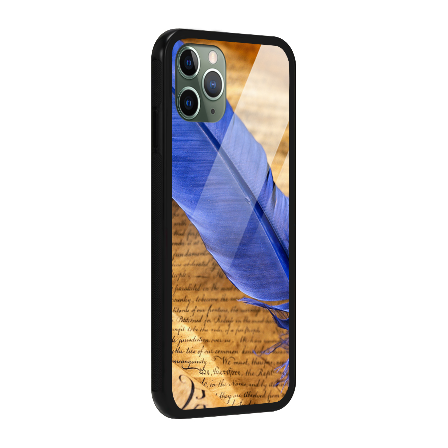 Beautiful Blue Feather Glass Back Case for iPhone 11 Pro