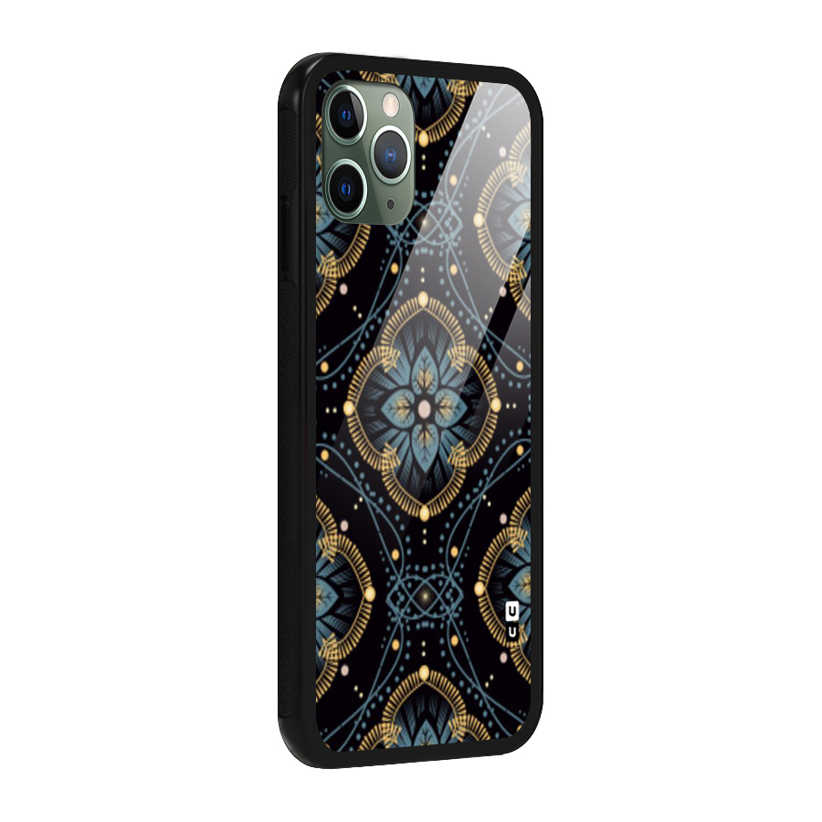 Blue With Black Flower Glass Back Case for iPhone 11 Pro