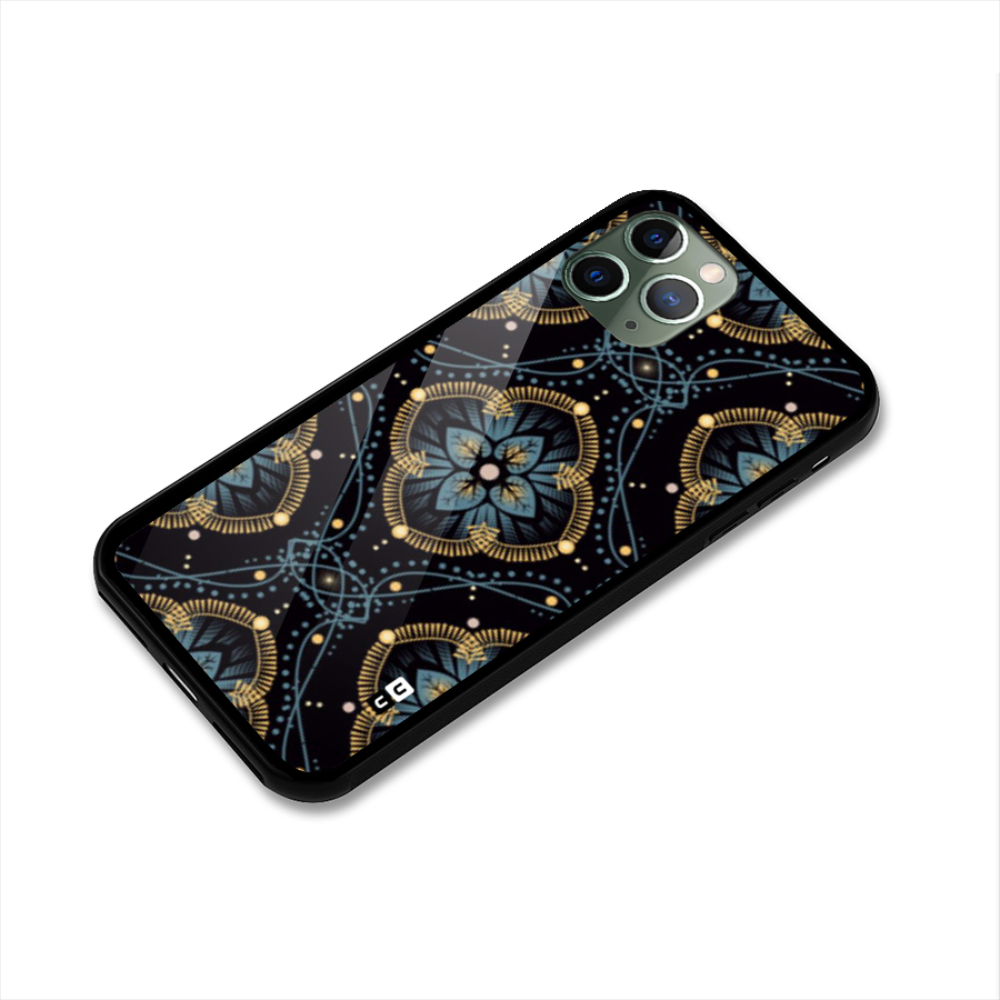 Blue With Black Flower Glass Back Case for iPhone 11 Pro