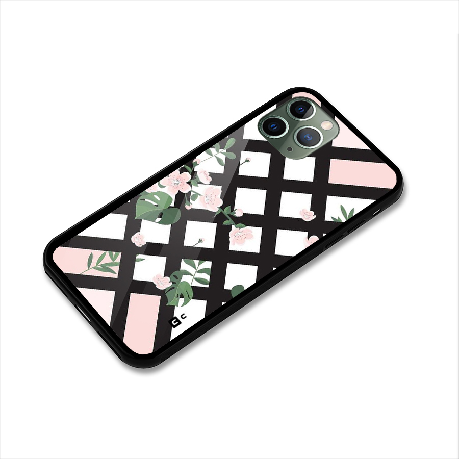 Check Floral Stripes Glass Back Case for iPhone 11 Pro