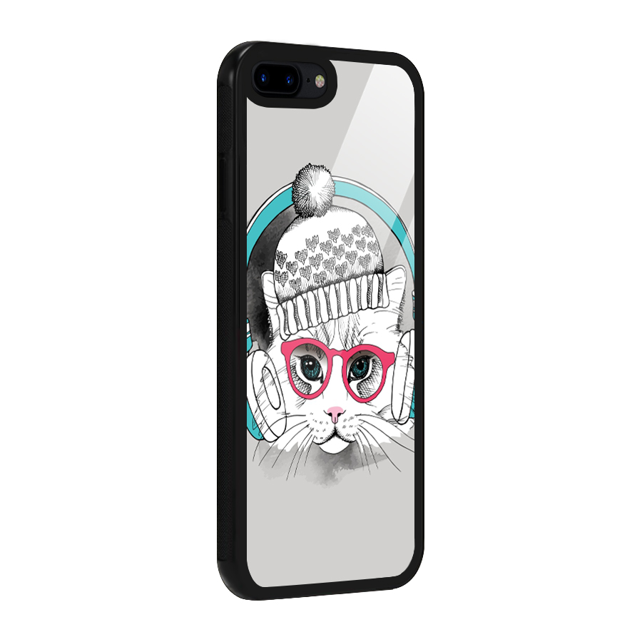 Cat Headphones Glass Back Case for iPhone 8 Plus