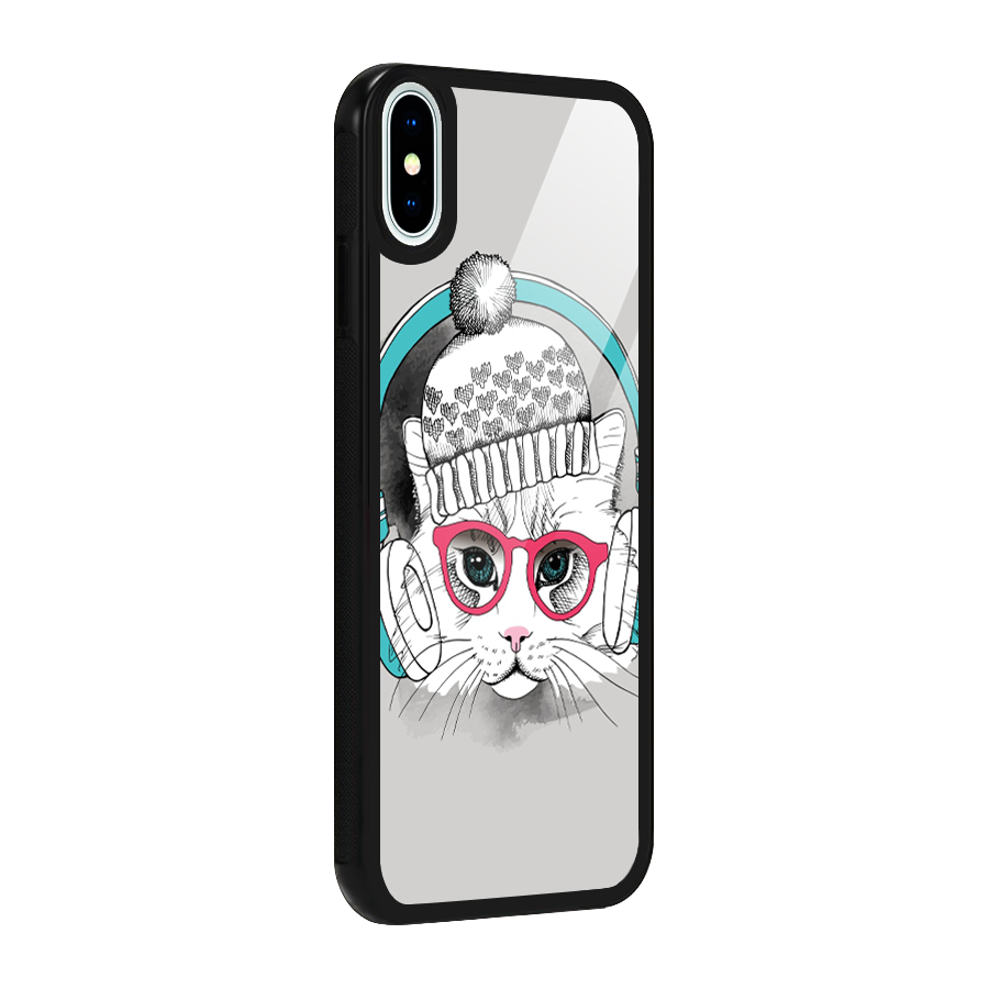 Cat Headphones Glass Back Case for iPhone X