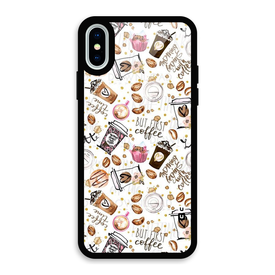 Coffee Pattern Glass Back Case for iPhone XS