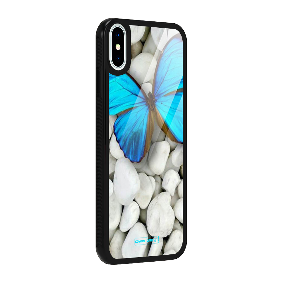 Blue Butterfly Glass Back Case for iPhone XS