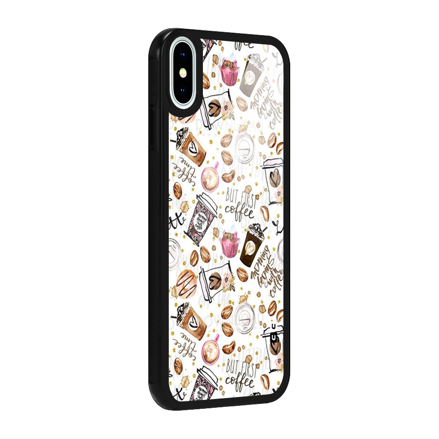 Coffee Pattern Glass Back Case for iPhone XS