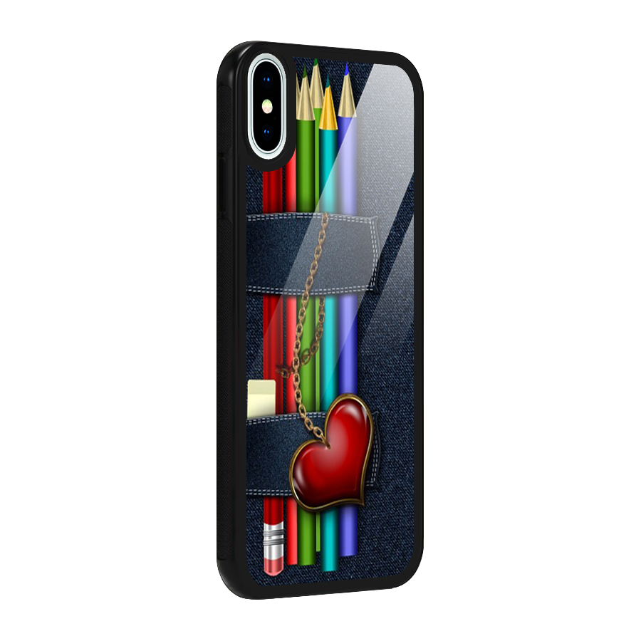 Denim Colorful Pencils Glass Back Case for iPhone XS