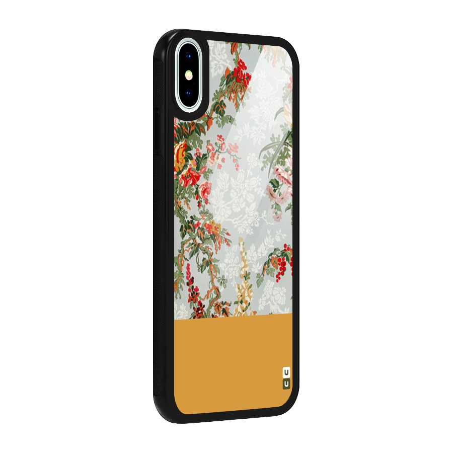 Golden Stripe on Floral Glass Back Case for iPhone XS