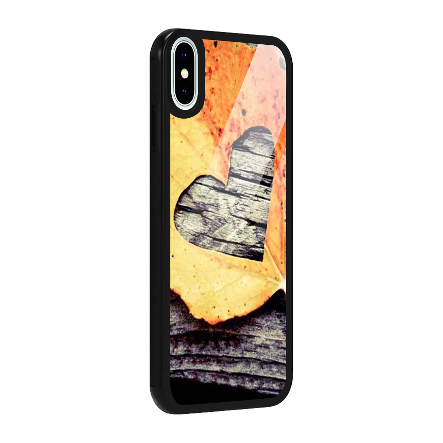 Wood Heart Leaf Glass Back Case for iPhone XS