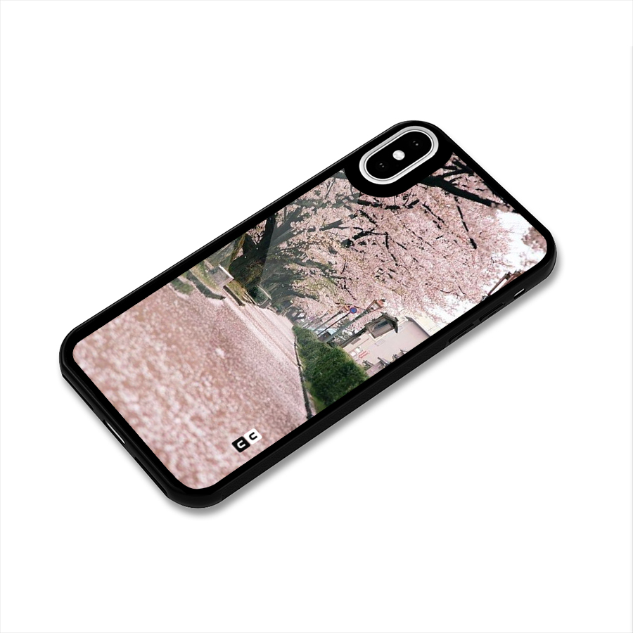 Street In Pink Flowers Glass Back Case for iPhone XS