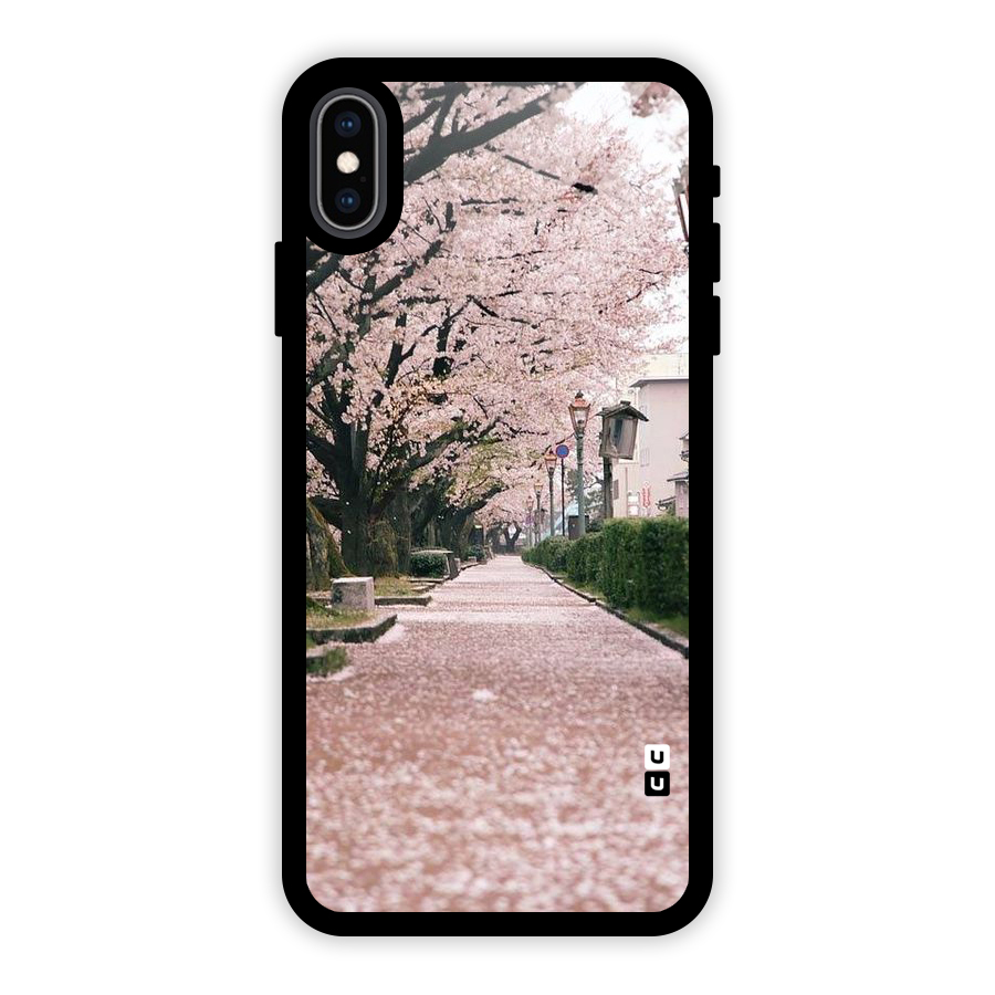 Street In Pink Flowers Glass Back Case for iPhone XS Max