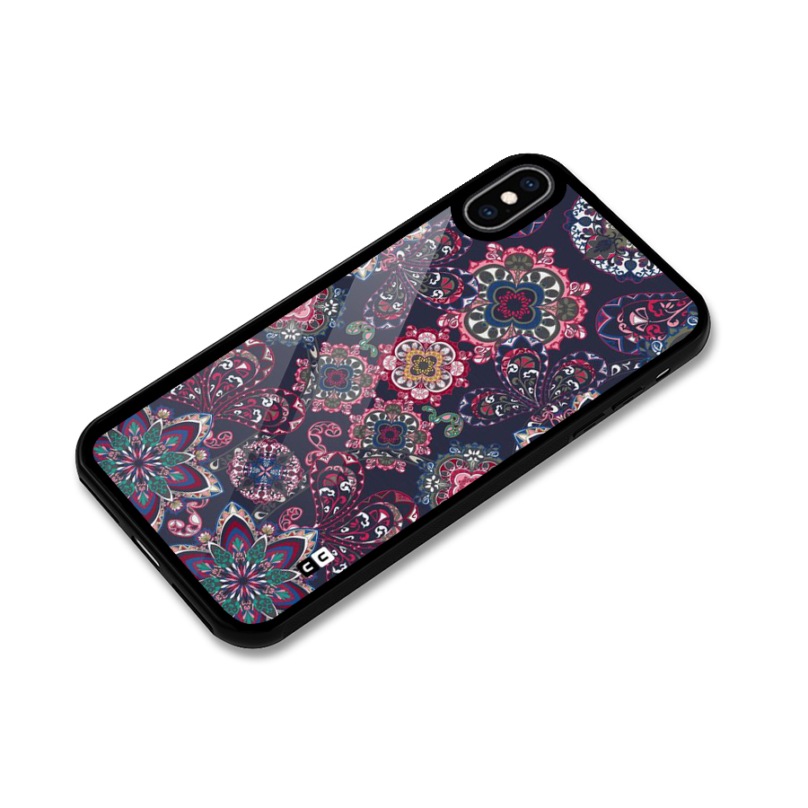 Navy Blue Bloom Pattern Glass Back Case for iPhone XS Max