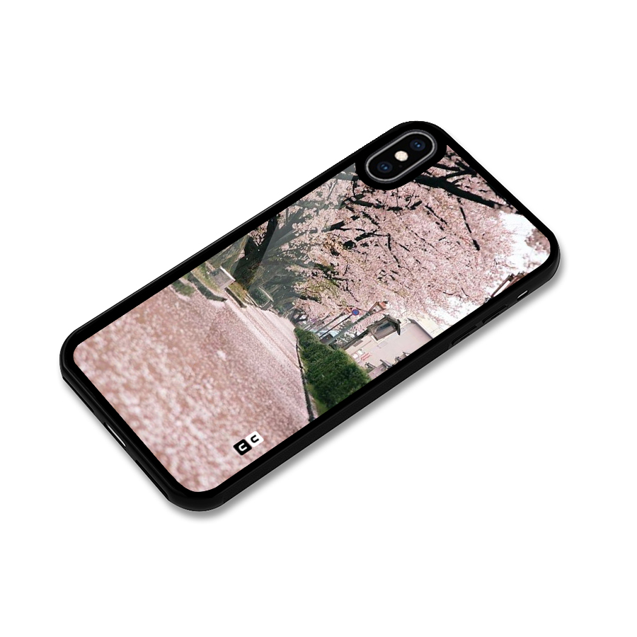 Street In Pink Flowers Glass Back Case for iPhone XS Max