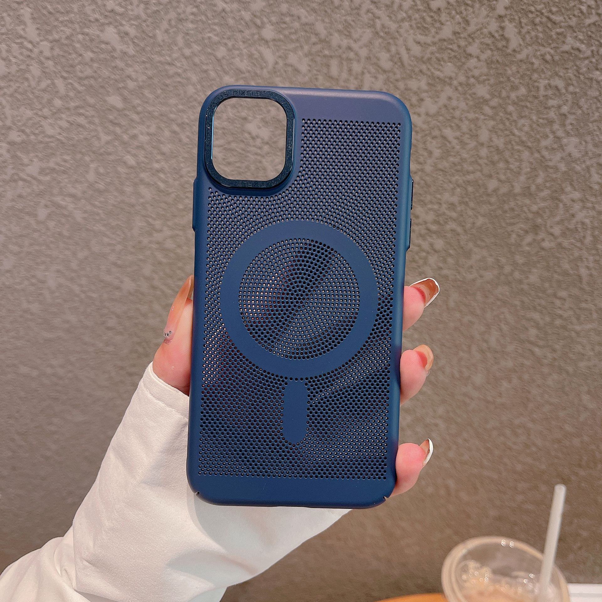 Premium Ultra Slim Mesh Design Shockproof (Navy Blue) Magsafe Back Case for iPhone 14