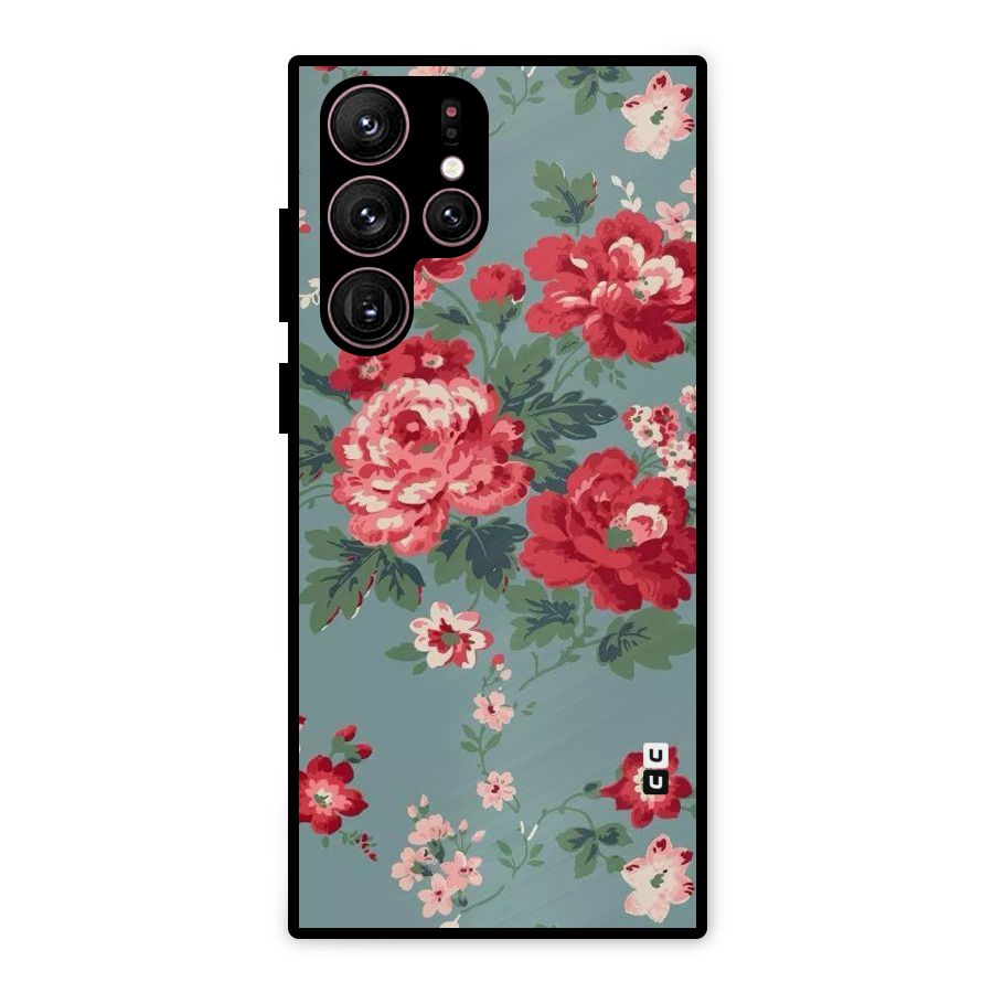 Aesthetic Floral Red Metal Back Case for Galaxy S22 Ultra 5G