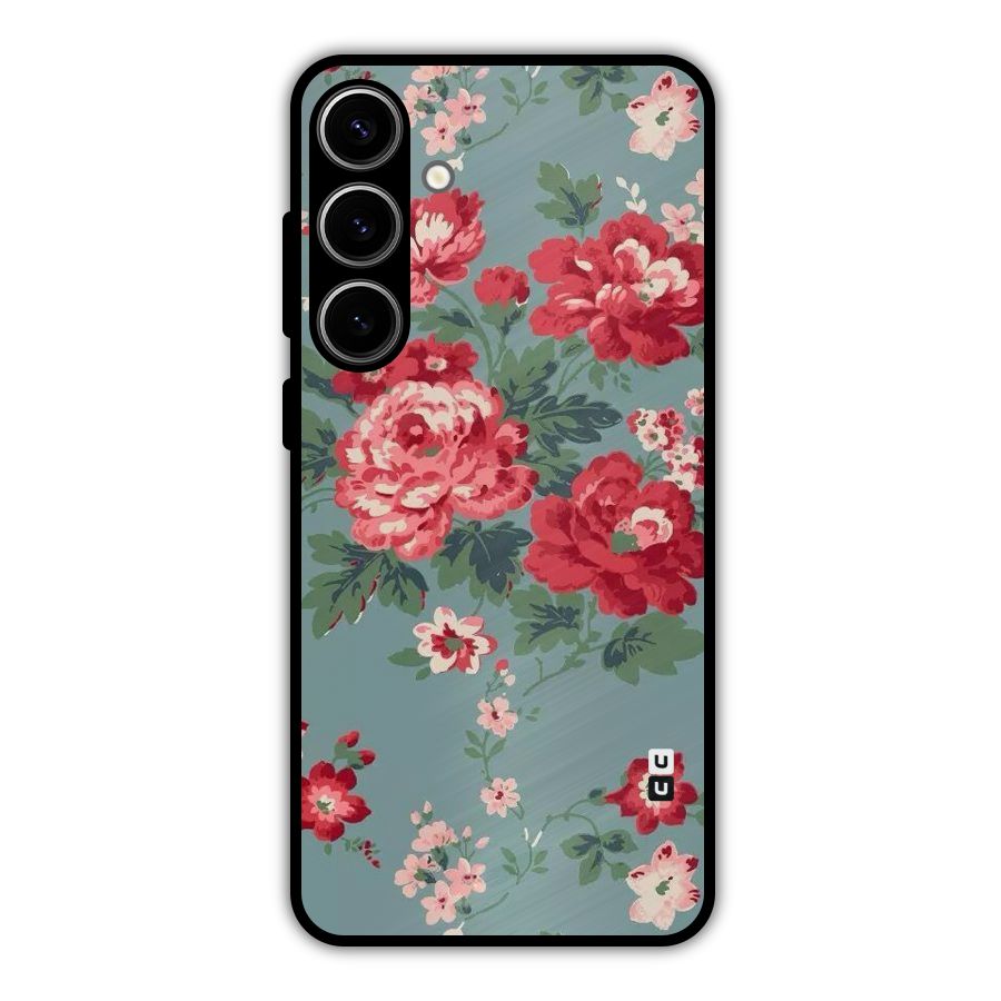 Aesthetic Floral Red Metal Back Case for Galaxy S24 Plus