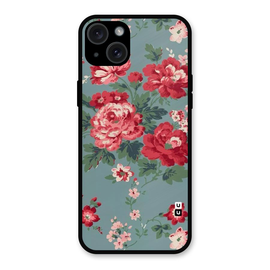 Aesthetic Floral Red Metal Back Case for iPhone 15 Plus