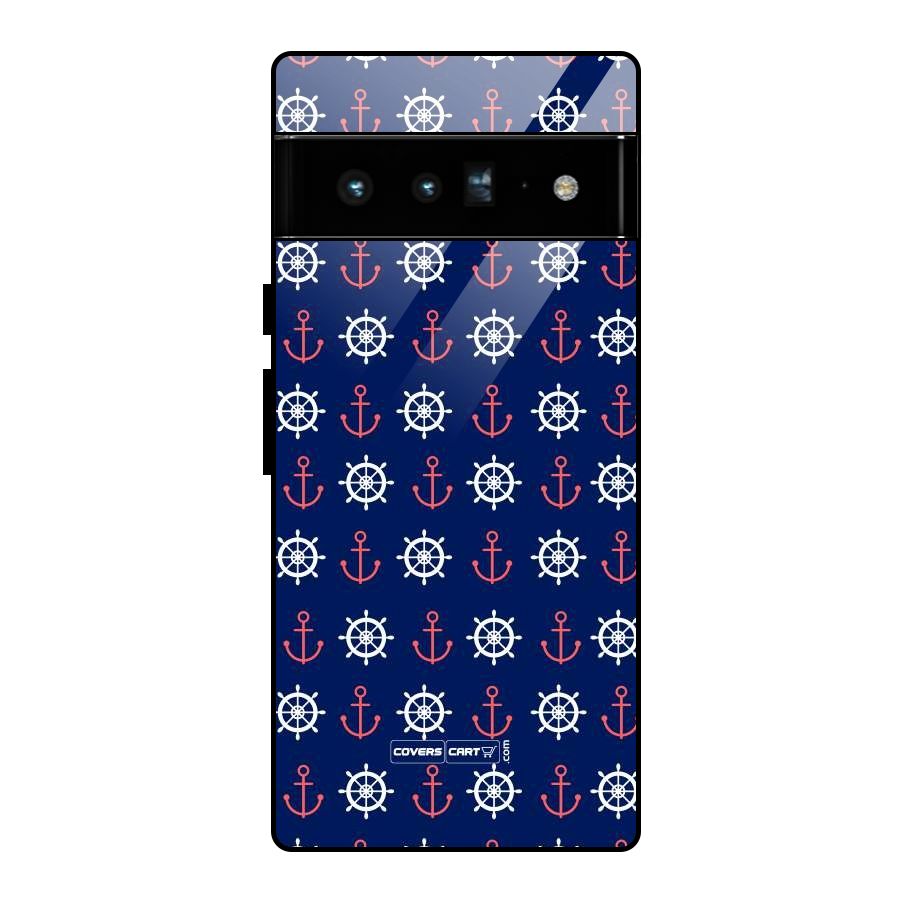 Anchor Pattern Blue Glass Back Case for Google Pixel 6 Pro
