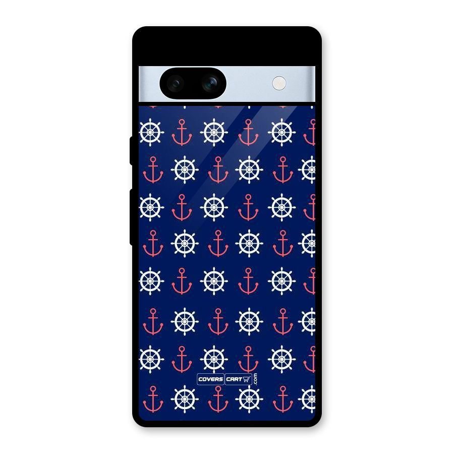 Anchor Pattern Blue Glass Back Case for Google Pixel 7a