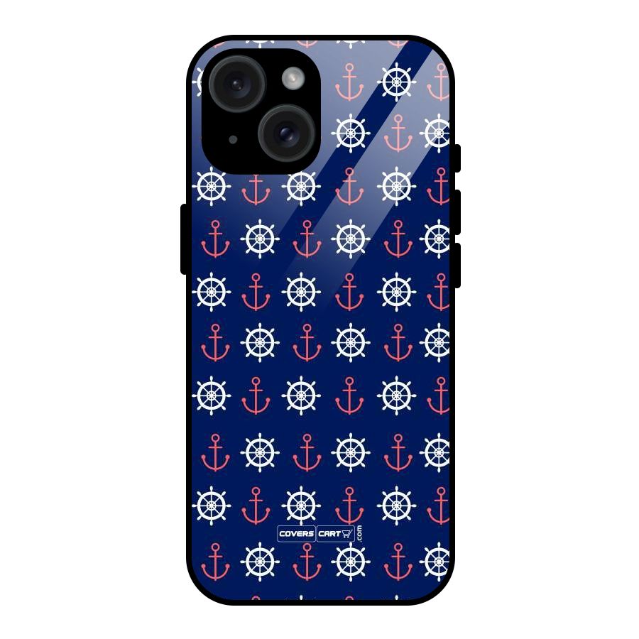 Anchor Pattern Blue Glass Back Case for iPhone 15