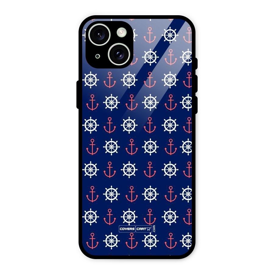 Anchor Pattern Blue Glass Back Case for iPhone 15 Plus
