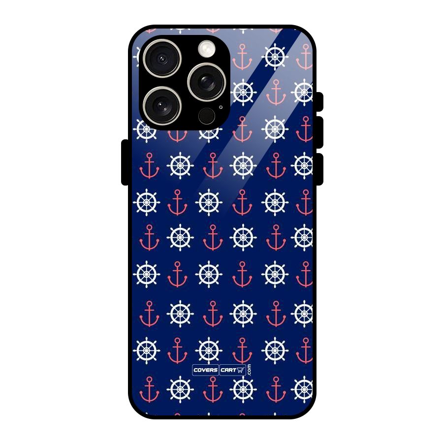 Anchor Pattern Blue Glass Back Case for iPhone 15 Pro Max