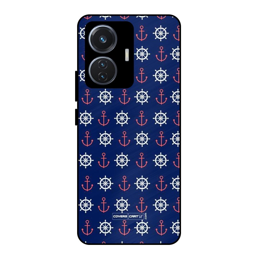 Anchor Pattern Blue Metal Back Case for Vivo T1 44W