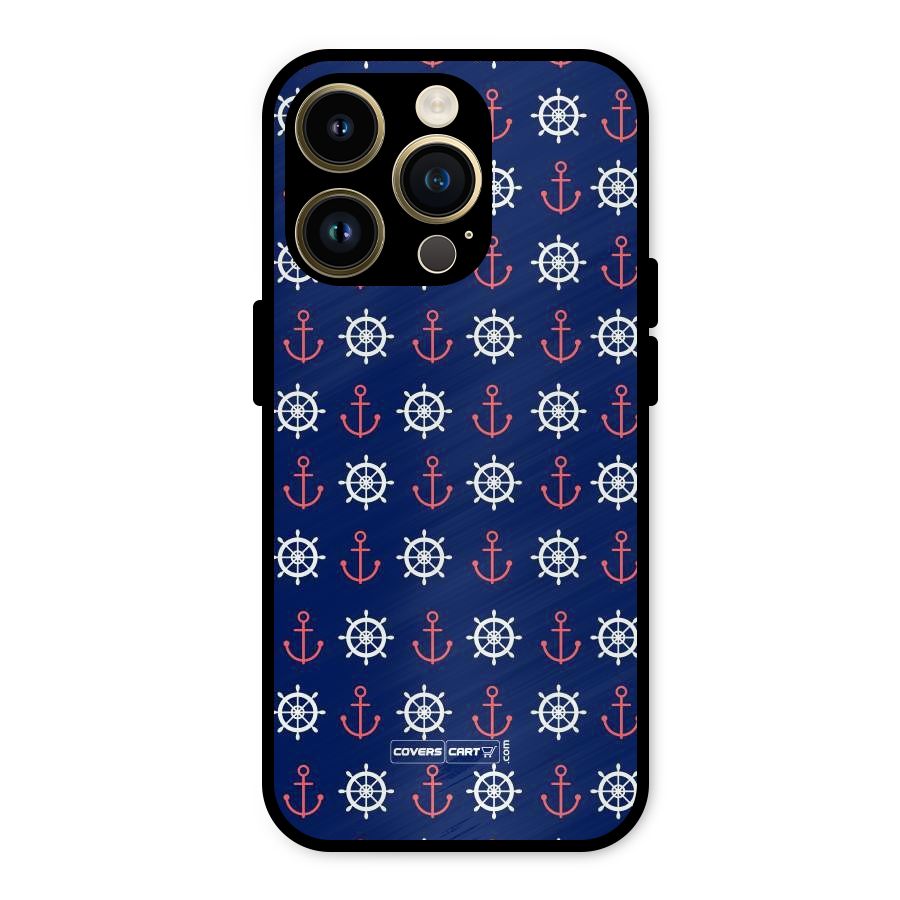 Anchor Pattern Blue Metal Back Case for iPhone 14 Pro