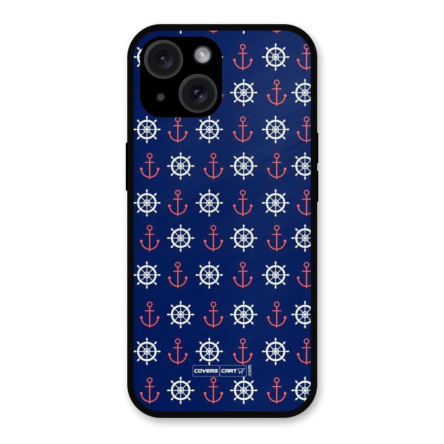 Anchor Pattern Blue Metal Back Case for iPhone 15