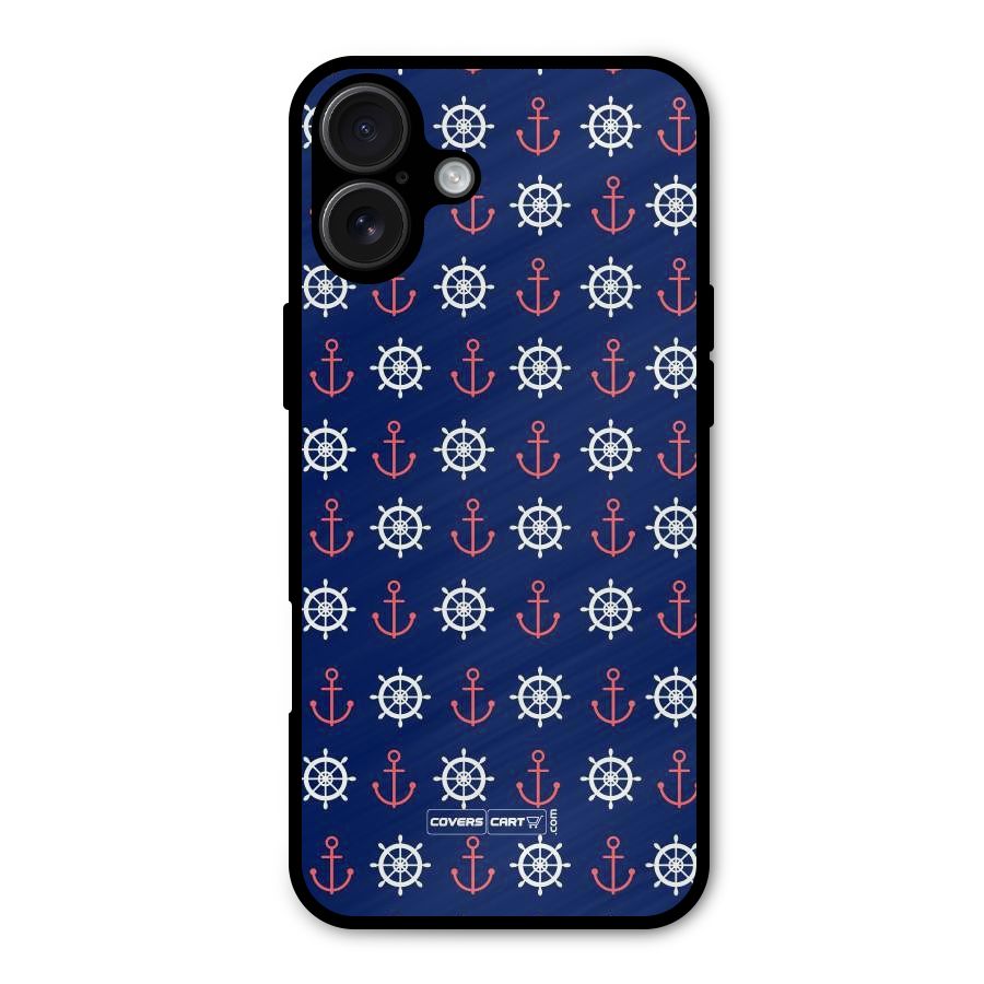 Anchor Pattern Blue Metal Back Case for iPhone 16 Plus