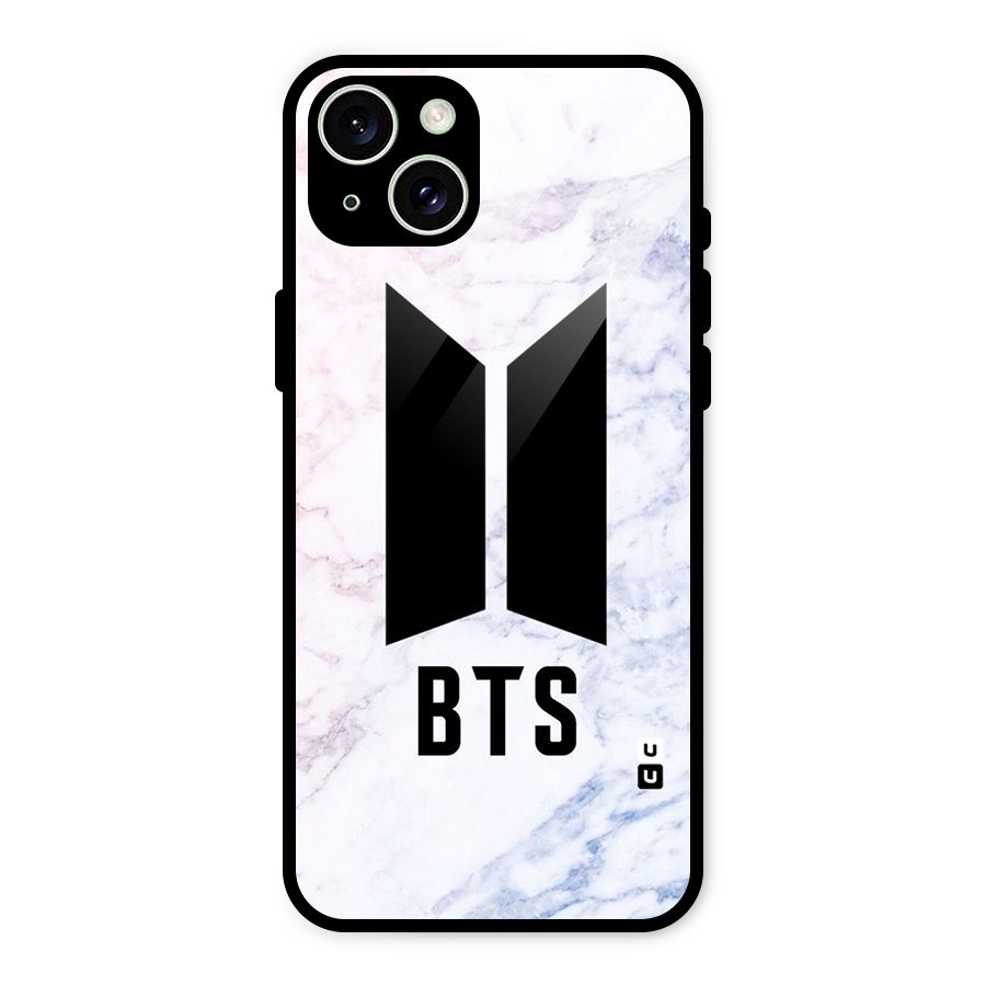 BTS Logo Marble Print Glass Back Case for iPhone 15 Plus