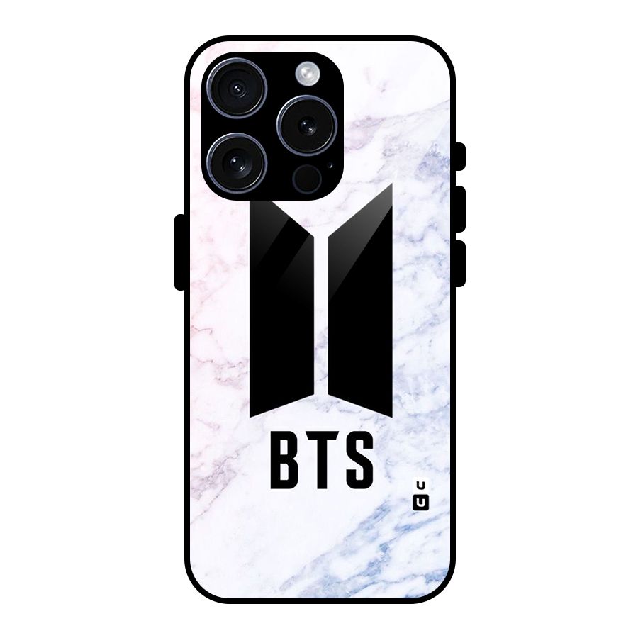 BTS Logo Marble Print Glass Back Case for iPhone 15 Pro