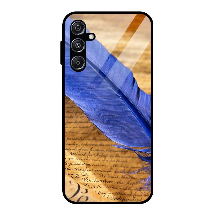 Beautiful Blue Feather Glass Back Case for Galaxy M34 5G