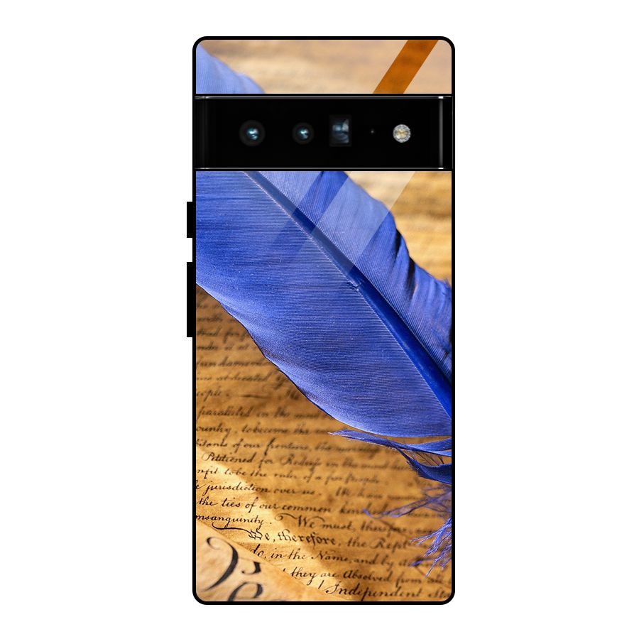 Beautiful Blue Feather Glass Back Case for Google Pixel 6 Pro