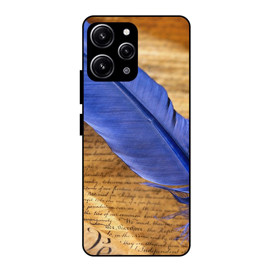 Beautiful Blue Feather Glass Back Case for Redmi 12 4G