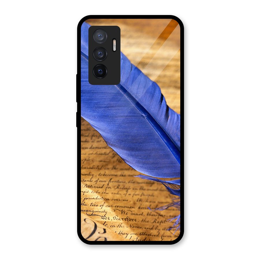 Beautiful Blue Feather Glass Back Case for Vivo V23e