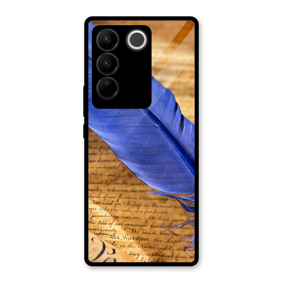 Beautiful Blue Feather Glass Back Case for Vivo V27 Pro