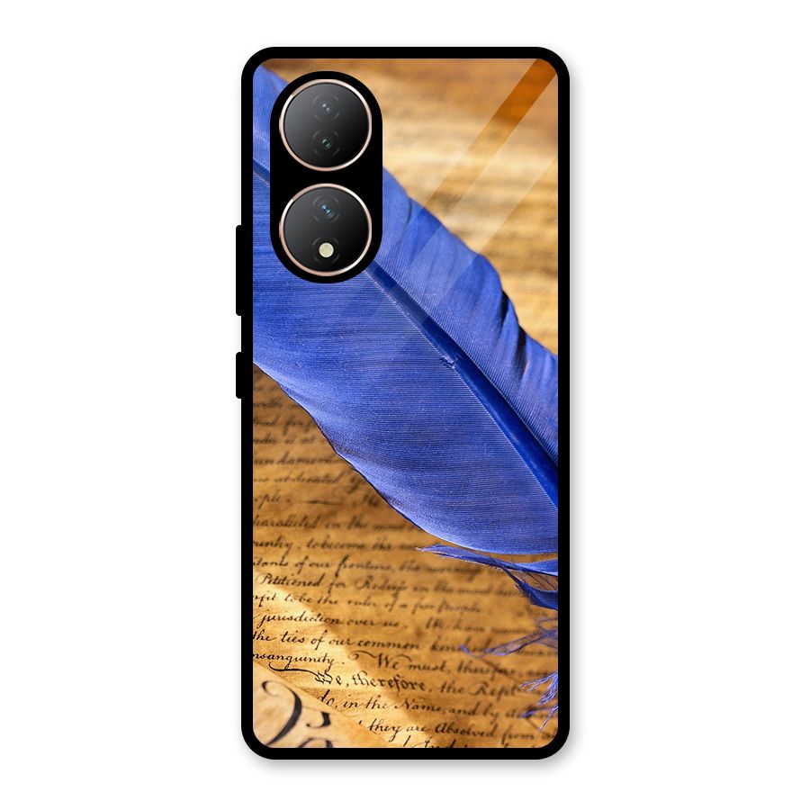Beautiful Blue Feather Glass Back Case for Vivo Y100A