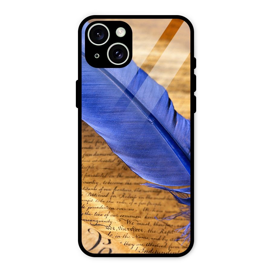 Beautiful Blue Feather Glass Back Case for iPhone 15 Plus
