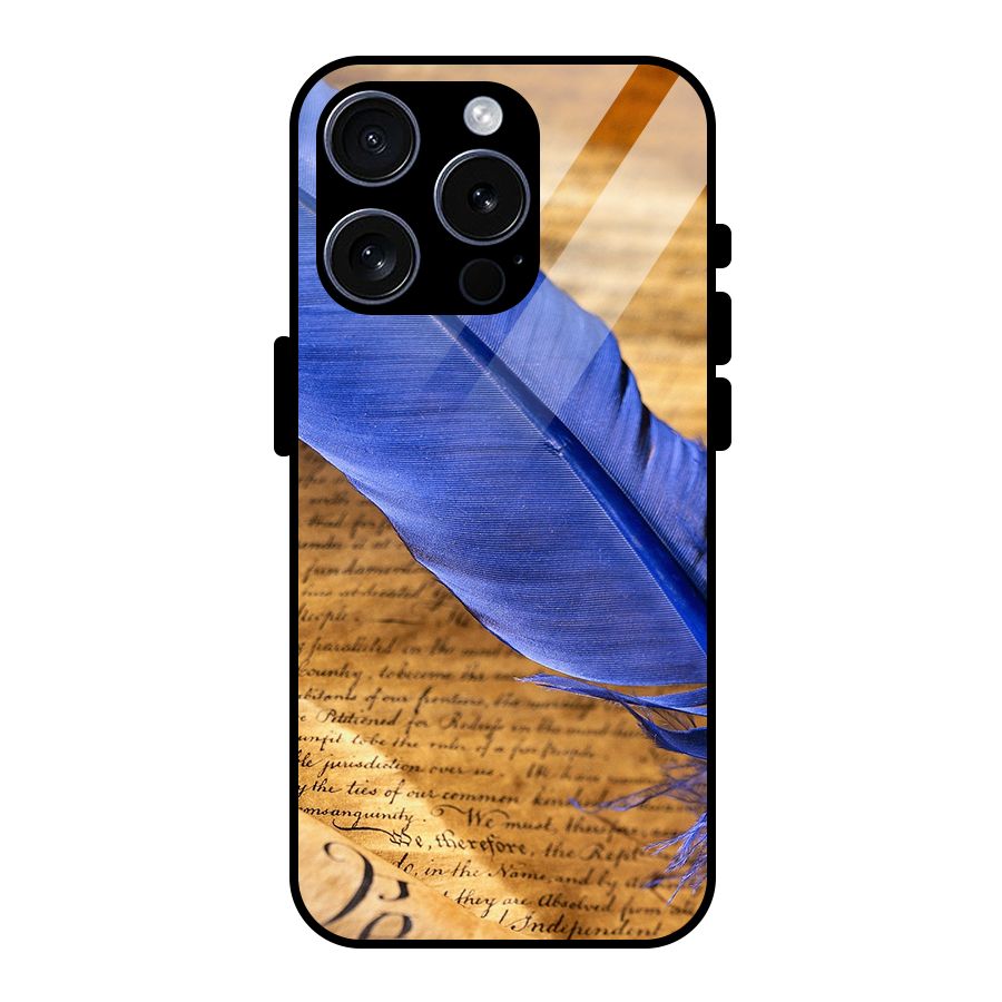 Beautiful Blue Feather Glass Back Case for iPhone 15 Pro