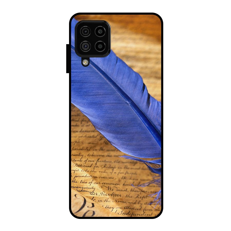Beautiful Blue Feather Metal Back Case for Galaxy A22 4G